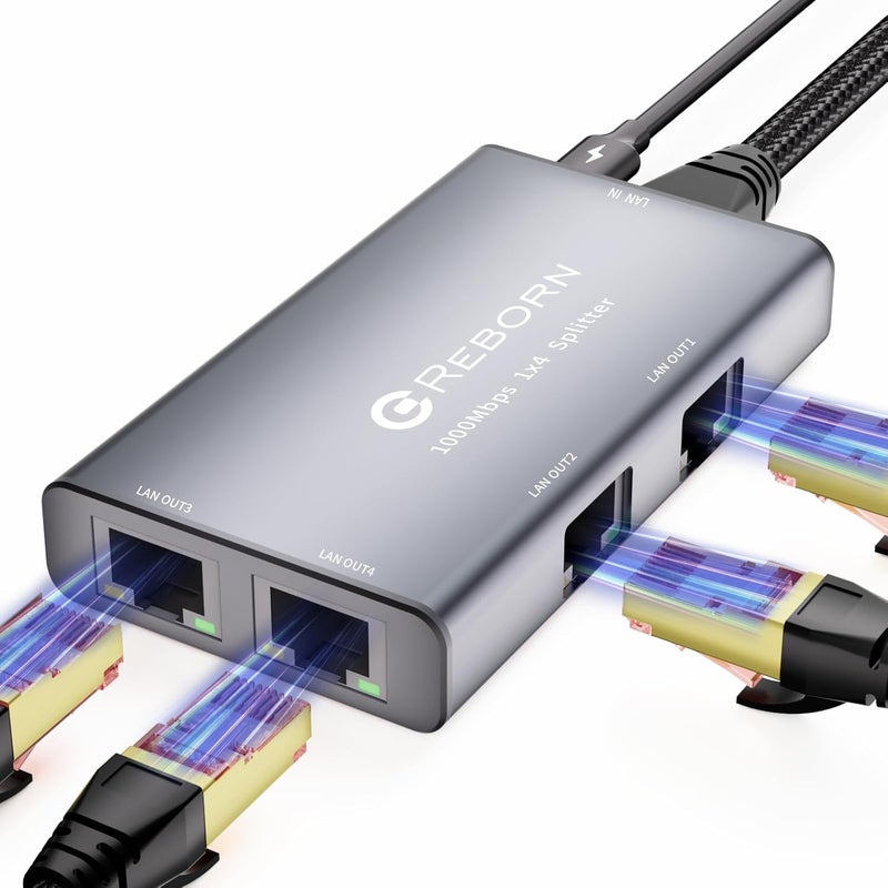 REBORN Ethernet Splitter 1 to 4 High Speed 1000Mbps, RJ45 Gigabit Ethernet Cable Splitter 1 to 4, LAN Splitter with USB Power Cable for Cat 5/6/7/8 Cable [4 Devices Simultaneous Networking] - Image 1